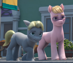 Size: 391x337 | Tagged: safe, imported from derpibooru, screencap, earth pony, pony, spoiler:my little pony: make your mark, spoiler:my little pony: make your mark chapter 2, spoiler:myms01e08, building, confused, cropped, diggy, duo, duo male, g5, glasses, have you seen this dragon?, male, my little pony: make your mark, my little pony: make your mark chapter 2, outdoors, pastel pop, scared, stallion, tail