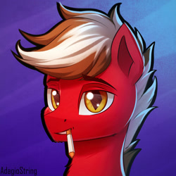 Size: 2000x2000 | Tagged: safe, artist:adagiostring, imported from derpibooru, oc, oc:markerlight, bat pony, hybrid, pegasus, pony, fallout equestria: dead tree, amber eyes, bat eyes, bust, cigarette, male, pegasus oc, portrait, red coat, smiling, smirk, stallion, two toned mane