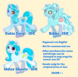 Size: 3576x3531 | Tagged: safe, artist:bluecocoaart, imported from derpibooru, oc, earth pony, pegasus, pony, unicorn, adoptable, blue fur