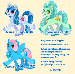 Size: 3576x3531 | Tagged: safe, artist:bluecocoaart, imported from derpibooru, oc, pegasus, pony, unicorn, adoptable, blue fur