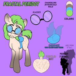 Size: 3000x3000 | Tagged: safe, artist:jacqueling, imported from derpibooru, oc, oc only, oc:fractal peridot, changeling, albino, albino changeling, blue changeling, blue eyes, butt freckles, carapace, changeling oc, color palette, curved horn, dock, ear piercing, fangs, freckles, glasses, horn, insect wings, male, piercing, purple background, reference sheet, simple background, size chart, size comparison, solo, tail, text, wings