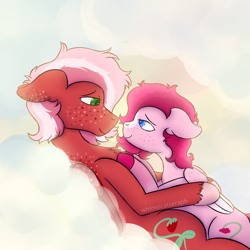 Size: 3000x3000 | Tagged: safe, artist:whimsicalseraph, imported from derpibooru, oc, oc only, oc:raspberry sorbet, oc:strawberry syrup, pegasus, pony, cloud, colored wings, duo, female, floppy ears, freckles, incest, lesbian, lesbian couple, lying down, lying on a cloud, lying on top of someone, messy mane, on a cloud, pegasus oc, sunlight, sunrise, twincest, twins, unshorn fetlocks, waking up, wings