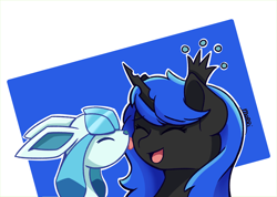 Size: 1716x1219 | Tagged: safe, artist:backgroundpony#f352, imported from derpibooru, oc, oc only, oc:blue visions, changeling, glaceon, changeling oc, cute, eyes closed, female, horn, licking, mare, open mouth, pokémon, shiny pokémon, signature, simple background, tongue out, white background