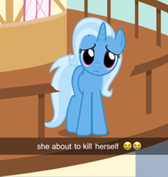 Size: 690x729 | Tagged: safe, artist:horses are fuckin weird, imported from derpibooru, trixie, unicorn, emoji, implied suicide, meme, ponified meme, ponyville, ponyville town hall, shitposting, solo