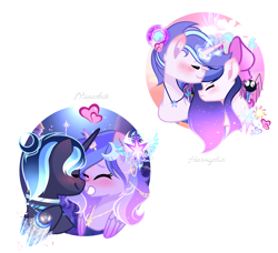 Size: 3800x3461 | Tagged: safe, artist:harmonyvitality-yt, imported from derpibooru, oc, oc only, alicorn, pony, unicorn, alicorn oc, base used, bow, bust, female, grin, hair bow, horn, male, mare, oc x oc, offspring, parent:flash sentry, parent:king sombra, parent:mistmane, parent:princess luna, parent:star swirl the bearded, parent:twilight sparkle, parents:flashlight, parents:lumbra, shipping, simple background, smiling, stallion, transparent background, unicorn oc, wings