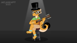 Size: 8000x4500 | Tagged: safe, artist:metalhead97, imported from derpibooru, oc, oc only, oc:myoozik the dragon, dragon, anklet, clothes, commission, crossed legs, glasses, gradient background, guitar, guitar pick, hat, jewelry, looking at you, male, musical instrument, necklace, shirt, shorts, show accurate, sitting, smiling, smiling at you, stool, toe ring, top hat, wristband