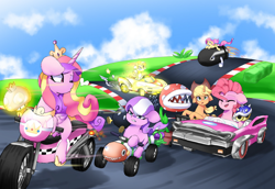 Size: 932x643 | Tagged: safe, artist:anonymous, imported from derpibooru, applejack, diamond tiara, fluttershy, pinkie pie, princess cadance, rarity, alicorn, earth pony, pegasus, pony, unicorn, alicornified, applecorn, atv, blue shell, bob-omb, bullet bill, car, female, filly, fluttercorn, foal, horn, koopa shell, mare, mario kart, motorcycle, piranha plant, ponybooru import, princess applejack, race swap, race track, racing, raricorn, super mario bros., wings