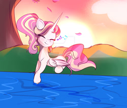 Size: 1920x1631 | Tagged: safe, artist:harmonyvitality-yt, imported from derpibooru, oc, alicorn, pony, alicorn oc, deviantart watermark, eyes closed, female, horn, mare, obtrusive watermark, outdoors, pond, smiling, solo, sunset, tree, water, watermark, wings