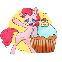 Size: 768x768 | Tagged: safe, artist:zoomiso, imported from derpibooru, pinkie pie, earth pony, pony, bipedal, cupcake, female, food, mare, solo, tiny, tiny ponies