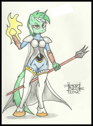 Size: 570x773 | Tagged: safe, artist:rdk, imported from ponybooru, lyra heartstrings, anthro, unguligrade anthro, unicorn, clothes, female, horn, magic, solo, spear, trident, weapon