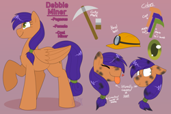 Size: 3062x2043 | Tagged: safe, artist:2k.bugbytes, imported from ponybooru, oc, oc only, oc:debbie miner, pegasus, pony, commission, female, folded wings, gradient background, hard hat, mare, pickaxe, puffy cheeks, raised hoof, raised leg, reference sheet, scrunchy face, shrunken pupils, smiling, solo, soot, sweat, sweatdrop, text, tongue out, wings