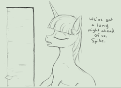 Size: 477x347 | Tagged: safe, artist:pinkchalk, twilight sparkle, pony, unicorn, book, dialogue, female, implied spike, monochrome, solo