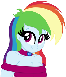 Size: 1635x1920 | Tagged: safe, artist:roseluck, derpibooru exclusive, imported from derpibooru, rainbow dash, human, equestria girls, alternate hairstyle, bare shoulders, big breasts, braless, breasts, bust, busty rainbow dash, choker, cleavage, clothes, dress, female, geode of super speed, happy, looking at you, magical geodes, shading, simple background, sleeveless, sleeveless dress, smiling, smiling at you, solo, strapless, strapless dress, three quarter view, white background