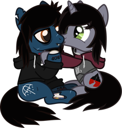 Size: 1280x1339 | Tagged: safe, artist:lightningbolt, derpibooru exclusive, imported from derpibooru, pony, undead, unicorn, zombie, zombie pony, .svg available, bags under eyes, bone, bring me the horizon, clothes, disguise, disguised siren, duo, duo male, fangs, gay, hoodie, horn, hug, jewelry, kellin quinn, kiss on the cheek, kissing, lidded eyes, lip piercing, long sleeves, male, necklace, oliver sykes, piercing, ponified, scar, shipping, simple background, sitting, sleeping with sirens, slit pupils, smiling, smirk, stallion, stitches, svg, tattoo, torn ear, transparent background, vector