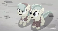 Size: 2160x1160 | Tagged: safe, imported from derpibooru, screencap, barley barrel, pickle barrel, pegasus, pony, rainbow roadtrip, barrel twins, brother and sister, clothes, cute, desaturated, female, gray, hat, hoodie, hope hollow, male, shirt, shocked, shocked expression, siblings, surprised, t-shirt, twins