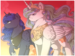 Size: 1280x960 | Tagged: safe, artist:binibean, imported from derpibooru, princess celestia, princess luna, alicorn, pony, duo, female, mare, masculine mare, royal sisters, siblings, sisters, sunset