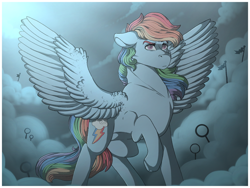 Size: 1280x960 | Tagged: safe, artist:binibean, imported from derpibooru, rainbow dash, pegasus, pony, female, floppy ears, mare, masculine mare, raised hoof, solo, spread wings, wings