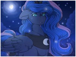 Size: 1280x960 | Tagged: safe, artist:binibean, imported from derpibooru, princess luna, alicorn, pony, crying, female, floppy ears, full moon, mare, masculine mare, moon, night, slit pupils, solo