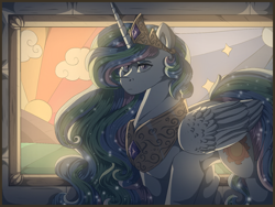 Size: 1280x960 | Tagged: safe, artist:binibean, imported from derpibooru, princess celestia, alicorn, pony, backlighting, female, looking at you, mare, solo, stained glass window