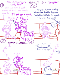 Size: 4779x6013 | Tagged: safe, artist:adorkabletwilightandfriends, imported from derpibooru, spike, twilight sparkle, alicorn, dragon, pony, comic:adorkable twilight and friends, adorkable, adorkable twilight, american football, blanket, climbing, comic, couch, cute, cute little fangs, dork, endearing, family, fangs, female, food, glass, happy, hoofball, love, magic, male, mama twilight, mare, muffin, sitting, sleeping, sleepy, snack, snoring, spikabetes, spikelove, sports, sweet dreams fuel, television, tired, twiabetes, twilight sparkle (alicorn)