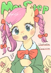 Size: 635x903 | Tagged: safe, artist:yanamosuda, imported from derpibooru, fluttershy, pegasus, pony, alternate hairstyle, blush sticker, blushing, bow, braid, braided pigtails, cute, daaaaaaaaaaaw, female, gradient background, mare, open mouth, open smile, pigtails, shyabetes, smiling, solo