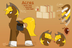 Size: 3000x2030 | Tagged: safe, artist:2k.bugbytes, imported from derpibooru, oc, oc only, oc:acres, earth pony, pony, bag, chest fluff, cowboy hat, floating heart, grin, hat, heart, male, reference sheet, saddle bag, smiling, solo, sparkles, stallion, stetson, text, tongue out, unshorn fetlocks