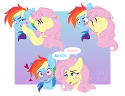 Size: 3360x2583 | Tagged: safe, artist:bluefeathercat, imported from derpibooru, fluttershy, rainbow dash, pegasus, pony, bandaid, blushing, cheek kiss, dialogue, female, flutterdash, gradient background, heart, heart eyes, injured, kiss on the cheek, kissing, lesbian, mare, shipping, wingding eyes