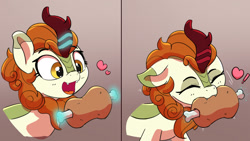 Size: 1920x1080 | Tagged: safe, artist:pabbley, edit, imported from derpibooru, autumn blaze, kirin, 2 panel comic, awwtumn blaze, biting, bust, chomp, comic, cute, cute little fangs, eating, exclamation point, eyes closed, fangs, female, floating heart, floppy ears, food, gradient background, heart, levitation, magic, meat, nom, omnivore, open mouth, open smile, ponies eating meat, smiling, solo, telekinesis, wallpaper, wallpaper edit