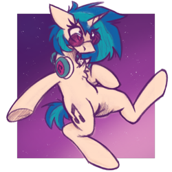 Size: 2000x2000 | Tagged: safe, artist:adilord, imported from derpibooru, dj pon-3, vinyl scratch, pony, unicorn, bipedal, bipedal leaning, chest fluff, female, glasses, headphones, leaning, leaning back, mare, night, night sky, simple background, sky, solo, underhoof, vinyl's glasses