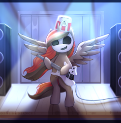 Size: 2940x2982 | Tagged: safe, artist:opal_radiance, imported from derpibooru, oc, alicorn, pony, buckethead, electric guitar, guitar, musical instrument, performer, solo, stage