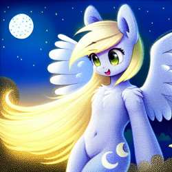 Size: 2048x2048 | Tagged: safe, editor:felisamafeles, imported from derpibooru, derpy hooves, pegasus, semi-anthro, ai content, ai generated, cute, female, fur, generator:stable diffusion, green eyes, mare, moon, open mouth, solo, spread wings, wings, wrong eye color