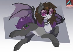 Size: 1100x778 | Tagged: safe, artist:arctic-fox, imported from derpibooru, oc, oc only, bat pony, pony, abstract background, bat pony oc, chest fluff, collar, female, glasses, looking at you, mare, pale belly, solo, spiked collar, spread wings