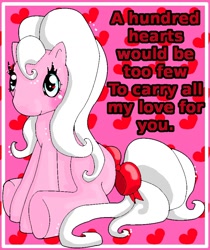 Size: 780x928 | Tagged: safe, artist:noelle23, imported from derpibooru, oc, oc only, earth pony, pony, blushing, bow, dialogue, female, g3, heart, heart background, heart eyes, mare, sitting, smiling, solo, tail, tail bow, valentine's day card, wingding eyes