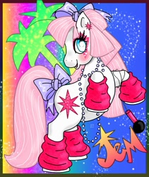 Size: 1689x2000 | Tagged: safe, artist:noelle23, imported from derpibooru, earth pony, pony, bow, clothes, ear piercing, earring, female, g3, jem, jem and the holograms, jewelry, leg warmers, mare, necklace, open mouth, open smile, piercing, ponified, rearing, smiling, solo, sparkles, tail, tail bow