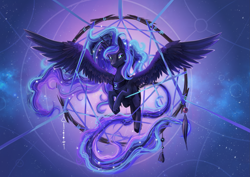 Size: 2283x1614 | Tagged: safe, artist:dalagar, imported from derpibooru, princess luna, alicorn, pony, commission, commissioner:shaddar, cute, dream walker luna, dreamcatcher, dreamcaught luna, female, lunabetes, mare, palindrome get, peytral, solo, spread wings, sternocleidomastoid, wings