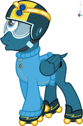 Size: 4000x6100 | Tagged: safe, alternate version, artist:melisareb, imported from derpibooru, part of a set, cyclops pony, cyclops, pegasus, pony, .svg available, absurd resolution, alphabet lore, bald, clothes, crossover, dock, gem, gold, hairless, helmet, male, o, one eyed, roller skates, simple background, skates, solo, species swap, stallion, super o, sweater, tail, transparent background, vector, wat, wings