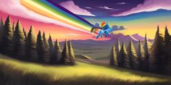 Size: 2160x1080 | Tagged: safe, imported from derpibooru, rainbow dash, pegasus, pony, ai content, ai generated, butt, cloud, female, flying, forest, generator:purplesmart.ai, generator:stable diffusion, grass, grass field, mare, mountain, plot, rainbow, scenery, sky, solo, sunset, tree, upscaled