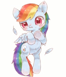 Size: 1180x1380 | Tagged: safe, artist:rokka, imported from derpibooru, rainbow dash, pegasus, pony, blushing, feather, female, mare, simple background, solo, white background