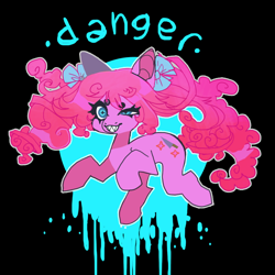 Size: 850x850 | Tagged: safe, artist:batthsalts, imported from derpibooru, pinkie pie, earth pony, pony, alternate cutie mark, black background, bow, creepy, dot eyebrows, grin, hair bow, knife, pigtails, shaped pupils, sharp teeth, simple background, smiling, solo, teeth, text