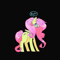 Size: 907x907 | Tagged: safe, artist:batthsalts, imported from derpibooru, fluttershy, pegasus, pony, alternate cutie mark, black background, colored teeth, creepy, looking at you, sharp teeth, side view, simple background, small wings, solo, speech, speech bubble, talking, teeth, text, wings