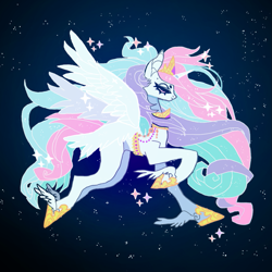 Size: 907x907 | Tagged: safe, artist:batthsalts, imported from derpibooru, princess celestia, alicorn, pony, crown, dot eyebrows, female, fetlock wings, flying, hoof shoes, jewelry, lidded eyes, mare, multiple wings, night, night sky, peytral, princess, regalia, side view, sky, solo, space, sparkles, spread wings, stars, tiara, wings