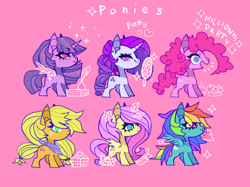 Size: 986x737 | Tagged: safe, artist:batthsalts, imported from derpibooru, applejack, fluttershy, pinkie pie, rainbow dash, rarity, twilight sparkle, alicorn, earth pony, pegasus, pony, unicorn, alternate cutie mark, alternate eye color, bandana, basket, cake, cherry, chibi, cloud, cupcake, dot eyebrows, ear piercing, earring, eyeshadow, female, flower, food, freckles, frown, hand mirror, inkwell, jewelry, leaf, leaves, makeup, mane six, mare, mirror, missing accessory, piercing, pink background, quill, side view, simple background, smiling, sparkles, spread wings, standing, text, twilight sparkle (alicorn), wings, wrong eye color