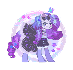 Size: 1120x1074 | Tagged: safe, artist:batthsalts, imported from derpibooru, rarity, pony, unicorn, bow, choker, clothes, crescent moon, dot eyebrows, dress, female, girly, lace, lace choker, lace stockings, looking at you, mare, moon, simple background, solo, standing, stars, stockings, thigh highs, white background