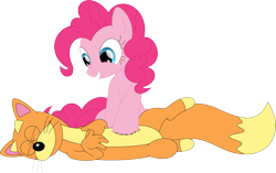 Size: 3579x2241 | Tagged: safe, artist:porygon2z, imported from derpibooru, pinkie pie, earth pony, fox, pony, countershading, dora the explorer, simple background, swiper, transparent background, unmasked