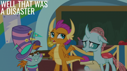 Size: 2000x1125 | Tagged: safe, edit, edited screencap, editor:quoterific, imported from derpibooru, screencap, ocellus, smolder, snips, changedling, changeling, dragon, pony, unicorn, 2 4 6 greaaat, chalkboard, gramophone, school of friendship, scroll