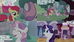 Size: 2000x1125 | Tagged: safe, edit, edited screencap, editor:quoterific, imported from derpibooru, screencap, apple bloom, rarity, sweetie belle, earth pony, pony, unicorn, sisterhooves social, carousel boutique, sihovi, statue, tree