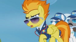 Size: 2160x1207 | Tagged: safe, imported from derpibooru, screencap, spitfire, pegasus, pony, wonderbolts academy, annoyed, clothes, drill sergeant, female, male, mare, necktie, needs more jpeg, stallion, suit, sunglasses, uniform, whistle, whistle necklace, wonderbolts dress uniform