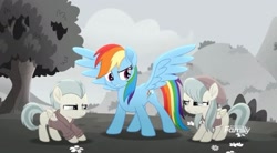 Size: 2160x1191 | Tagged: safe, imported from derpibooru, screencap, barley barrel, pickle barrel, rainbow dash, pegasus, pony, rainbow roadtrip, annoyed, barrel twins, brother and sister, clothes, cloud, cute, flower, gray, hat, hill, hoodie, shirt, siblings, t-shirt, tree, twins