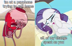 Size: 640x418 | Tagged: safe, edit, edited screencap, imported from derpibooru, screencap, rarity, unicorn, benson, crossover, crossover shipping, crying, curled up, female, gumball machine, horn, male, regular show, shipping, song reference, straight