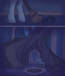 Size: 2284x2671 | Tagged: safe, anonymous artist, imported from derpibooru, pony, unicorn, series:misty pov, broom, female, g5, mare, misty brightdawn, misty can't catch a break, misty deserves better, sad, shaking, skinny, sweeping, unshorn fetlocks